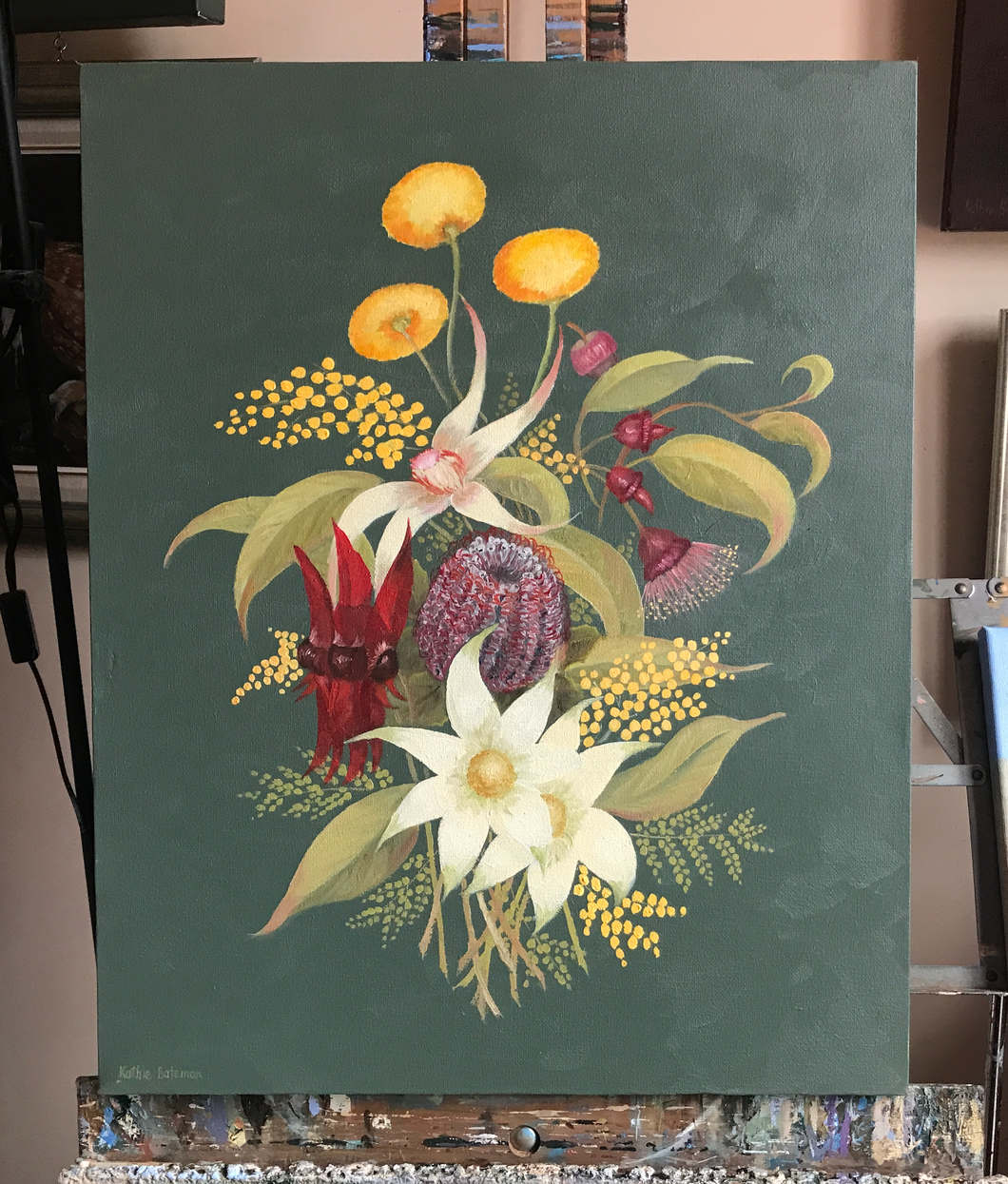 Native Flowers with Desert Pea Oil 49 x 39.5 cm painting on canvas by Kathie Bateman Includes Aust shipping.