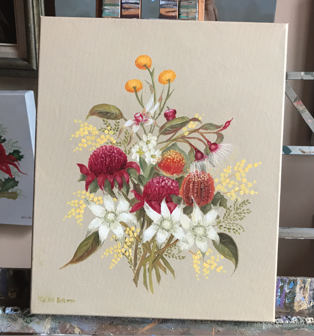 Native Flowers  cream 25 x 30 cm Original Oil painting by Kathie Bateman Includes Aust shipping.