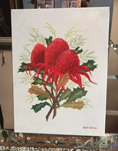 Load image into Gallery viewer, Waratah&#39;s  with light grey background 25 x 30 cm Original Oil painting by Kathie Bateman Includes Aust shipping.