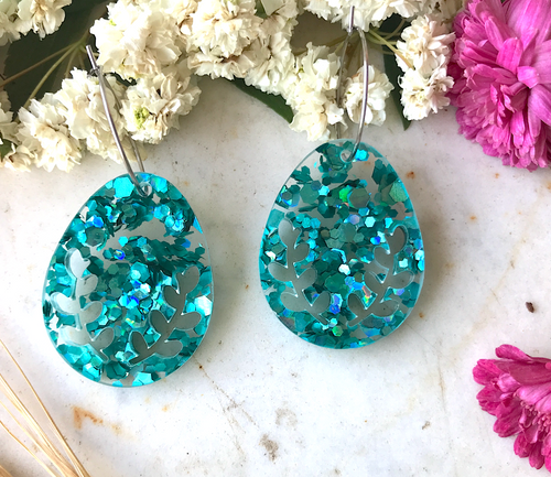 Teal easter egg  with leaf cut outs  Hoops  Stainless  Hoops By Dianna