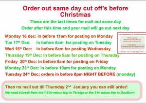 AA.Closed from sat 21st to 2nd Ianuary YOU CAN STILL ORDER it just wont go out until 2nd unless we go to town