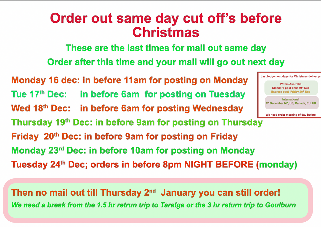 AA.Closed from sat 21st to 2nd Ianuary YOU CAN STILL ORDER it just wont go out until 2nd unless we go to town