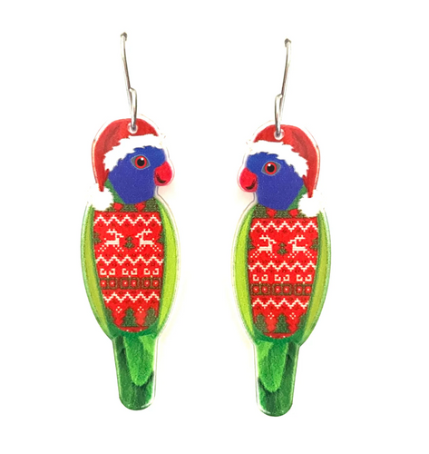 Christmas Rainbow Lorikeet Earrings  Made in Australia from recycled Acrylic, Smyle Designs