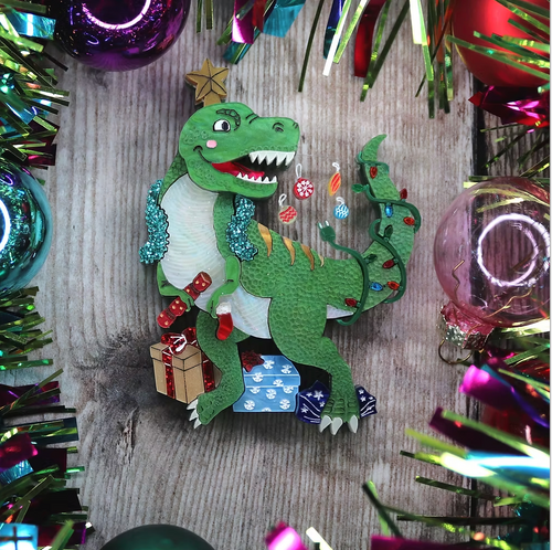 Christmas Tree Rex brooch  By Gory Dorky / Puddle and Squeak Includes postage in Aust