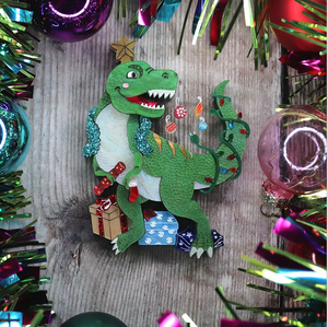 Christmas Tree Rex brooch  By Gory Dorky / Puddle and Squeak Includes postage in Aust
