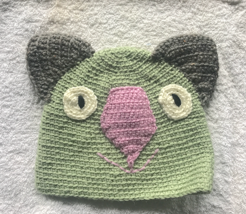 C 2- 6. Wombat Beanie, hat  100% wool Child 2 - 6 yrs :  soft sage, pink, wombat brown