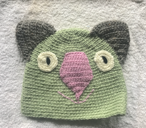 C 2- 6. Wombat Beanie, hat  100% wool Child 2 - 6 yrs :  soft sage, pink, wombat brown