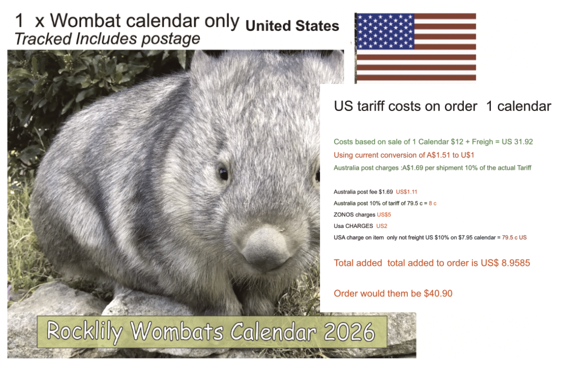 1 X 2026 ROCKLILY WOMBATS CALENDAR ONLY includes Postage, 10% Tariff, SOME FEES, awaiting one more fee to add per parcel