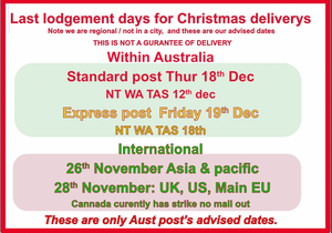 Australia Post 2025 advised dates for orders for CHRISTMAS DELIVERY see our order cut off times  below