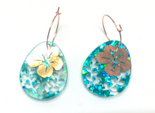 Load image into Gallery viewer, Teal Green chunky glitter etched drop with Rose gold hibiscus on rose gold  hoops Hoops By Dianna (Copy)