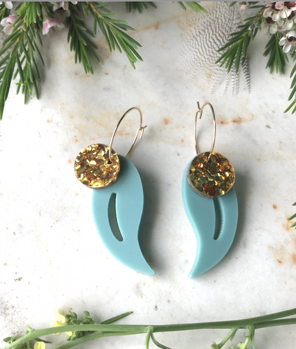 Swinging  Glitter Golden disc with moving leaf Gold  Hoops By Dianna