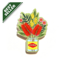 Load image into Gallery viewer, Vegemite Jar Native flowers   pin  Made in Australia from recycled Acrylic, Smyle Designs