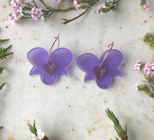 Load image into Gallery viewer, Violets in frosted lavender  with Rose gold leaf Hoops  Gold  Hoops By Dianna