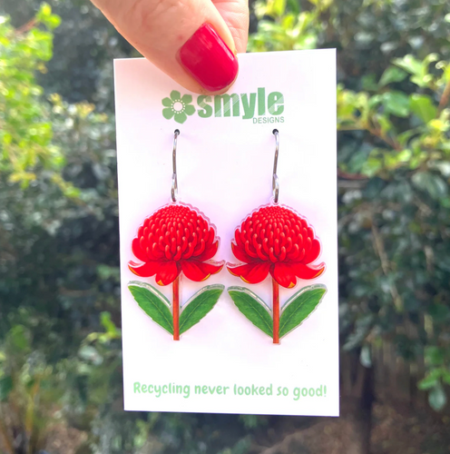 Waratah earrings made  in Australia from recycled Acrylic,  by Smyle Designs