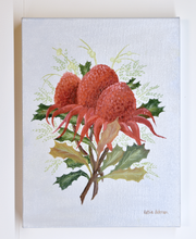 Load image into Gallery viewer, Waratah&#39;s  with light grey background 25 x 30 cm Original Oil painting by Kathie Bateman Includes Aust shipping.