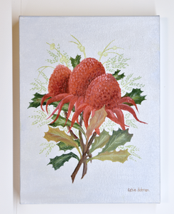 Waratah's  with light grey background 25 x 30 cm Original Oil painting by Kathie Bateman Includes Aust shipping.