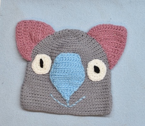 C 2 - 6. Wombat Beanie, hat  100% Wool Child 2 - 6 yrs   Wombat grey, sky, rose