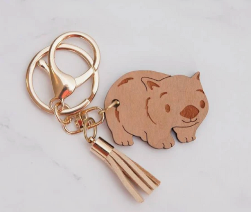 Wood wombat key ring with tassel by Wood with Words