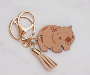 Wood wombat key ring with tassel by Wood with Words