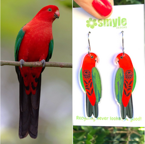 King Parrot earrings made  in Australia from recycled Acrylic,  by Smyle Designs