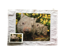 Load image into Gallery viewer, A Jeffery white claw, Bushy &amp; Pinki wombat tea towel 50% linen 50% cotton printed in Australia  for Rocklilywombats