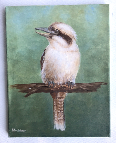 Kookaburra on a branch 36 x 28cm  Original Oil painting by Kathie Bateman Includes Aust shipping.