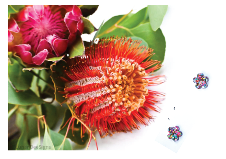 Flower Rainbow earrings on Bottle brush gift card,  Lunar Deesigns