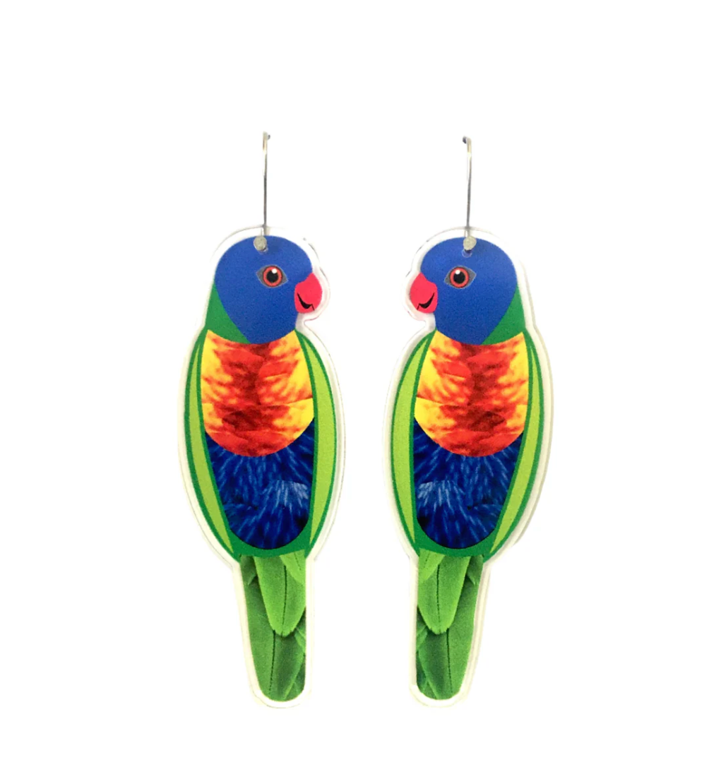 Rainbow Lorikeet Earrings Made in Australia from recycled acrylic, Smyle Designs
