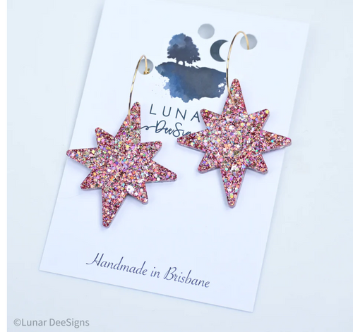 Christmas STAR - Rose Gold Sparkle - Hoops,  Lunar Deesigns