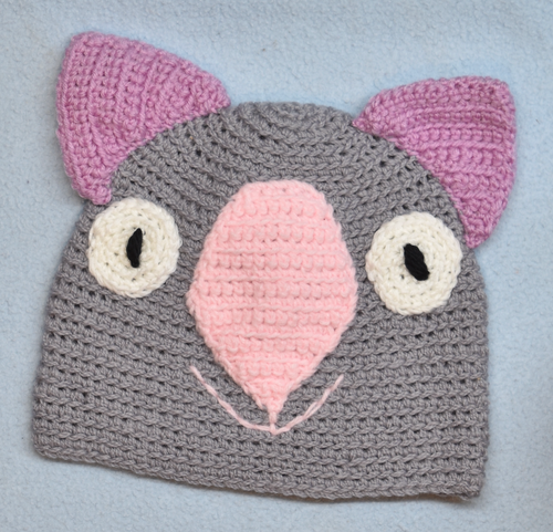 C 2 - 6. Wombat Beanie, hat  100% Wool Child 2 - 6 yrs   Wombat grey, pink, pink