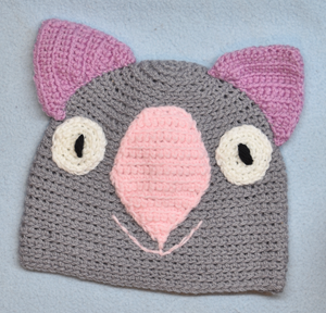 C 2 - 6. Wombat Beanie, hat  100% Wool Child 2 - 6 yrs   Wombat grey, pink, pink