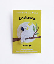 Load image into Gallery viewer, Cockatoo Illustrated Acrylic Lapel-Pin: for bags, Jackets or a Hat Pin