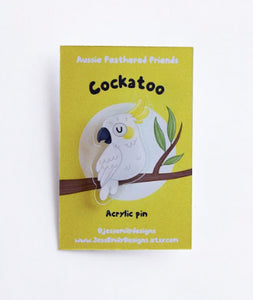 Cockatoo Illustrated Acrylic Lapel-Pin: for bags, Jackets or a Hat Pin