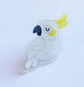 Cockatoo Illustrated Acrylic Lapel-Pin: for bags, Jackets or a Hat Pin