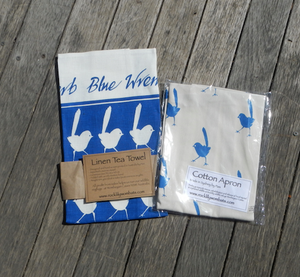 Blue Wren Print on Cotton Drill Apron + Linen Tea Towel set. made in Australia