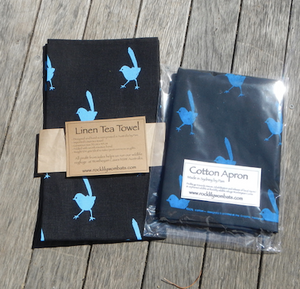 Blue Wren Print on Black Cotton Drill Apron + Linen tea towel Set made in Australia