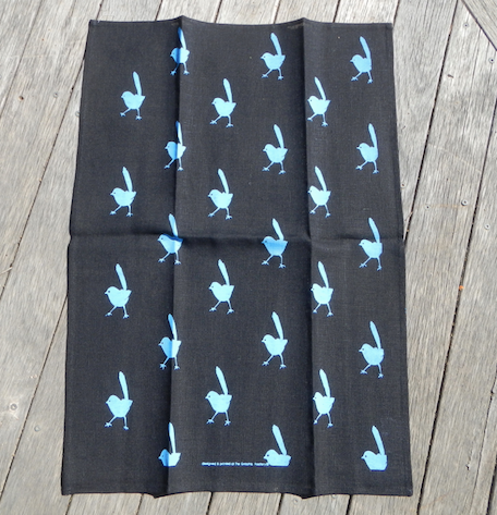 Blue Wren Print on black Linen Tea Towel made in Australia