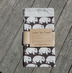 A Wombat Brown Print on Natural Linen  tea towel made in Australia