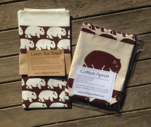 A Wombat  Brown Print Cotton Drill Apron + Brown on white linen tea towel made in Australia