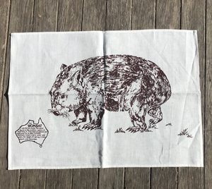 A Wombat  Brown Print Single wombat print white Linen Tea Towel made in Australia