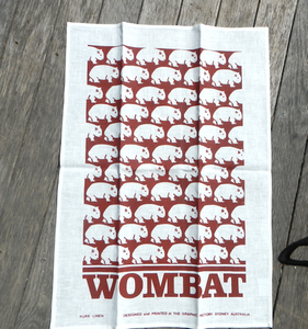 A Wombat  Brown Print Cotton Drill Apron + Brown on white linen tea towel made in Australia