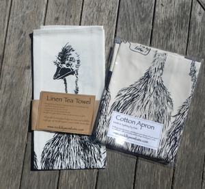Emu Family Cotton Drill Apron + Linen Tea Towel set Made in Australia