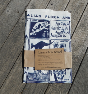 Fauna and Flora blue print Linen Tea Towel made in australia