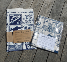Load image into Gallery viewer, Fauna and Flora blue print Linen Tea Towel + Cotton drill Apron made in australia