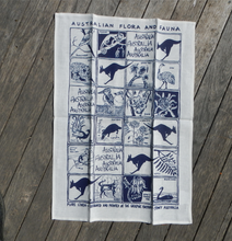Load image into Gallery viewer, Fauna and Flora blue print Linen Tea Towel made in australia