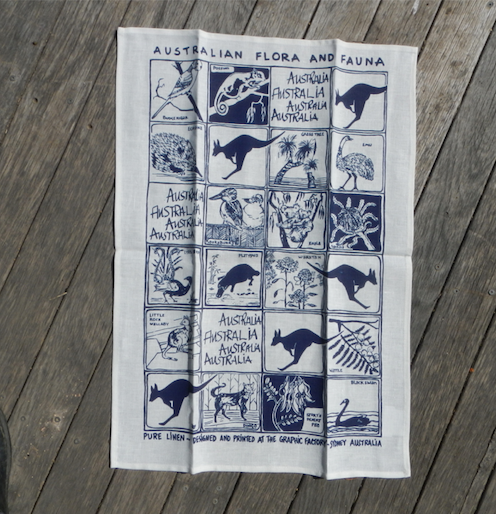 Fauna and Flora blue print Linen Tea Towel made in australia