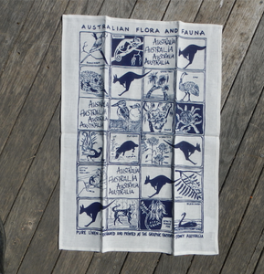 Fauna and Flora blue print Linen Tea Towel + Cotton drill Apron made in australia