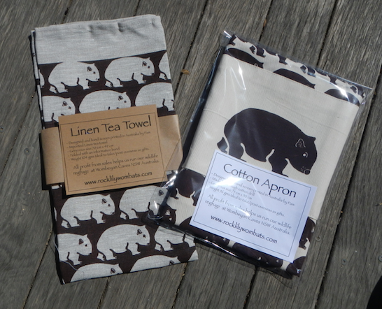A Wombat Brown print Cotton Drill, Pocket  Apron +  Natural Tea towel  brown print  Set made in Australia