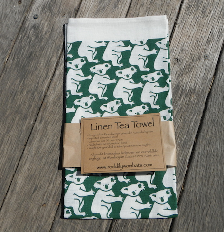 Koala Green Print on white Linen Tea Towel Made in Australia