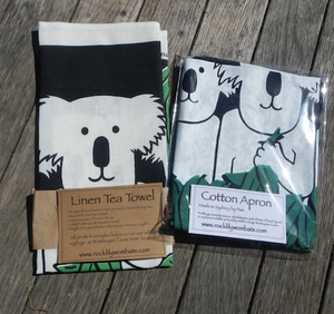 Koala family of 3 Cotton Drill Apron + Linen tea Towel SET